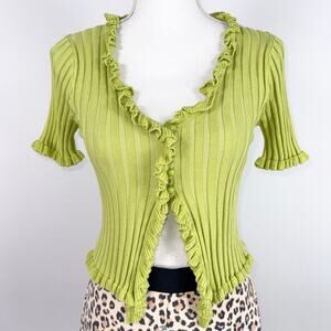Retro Y2K Ribbed Ruffle Trim Cropped Open Cardigan Women's Medium Chartreuse